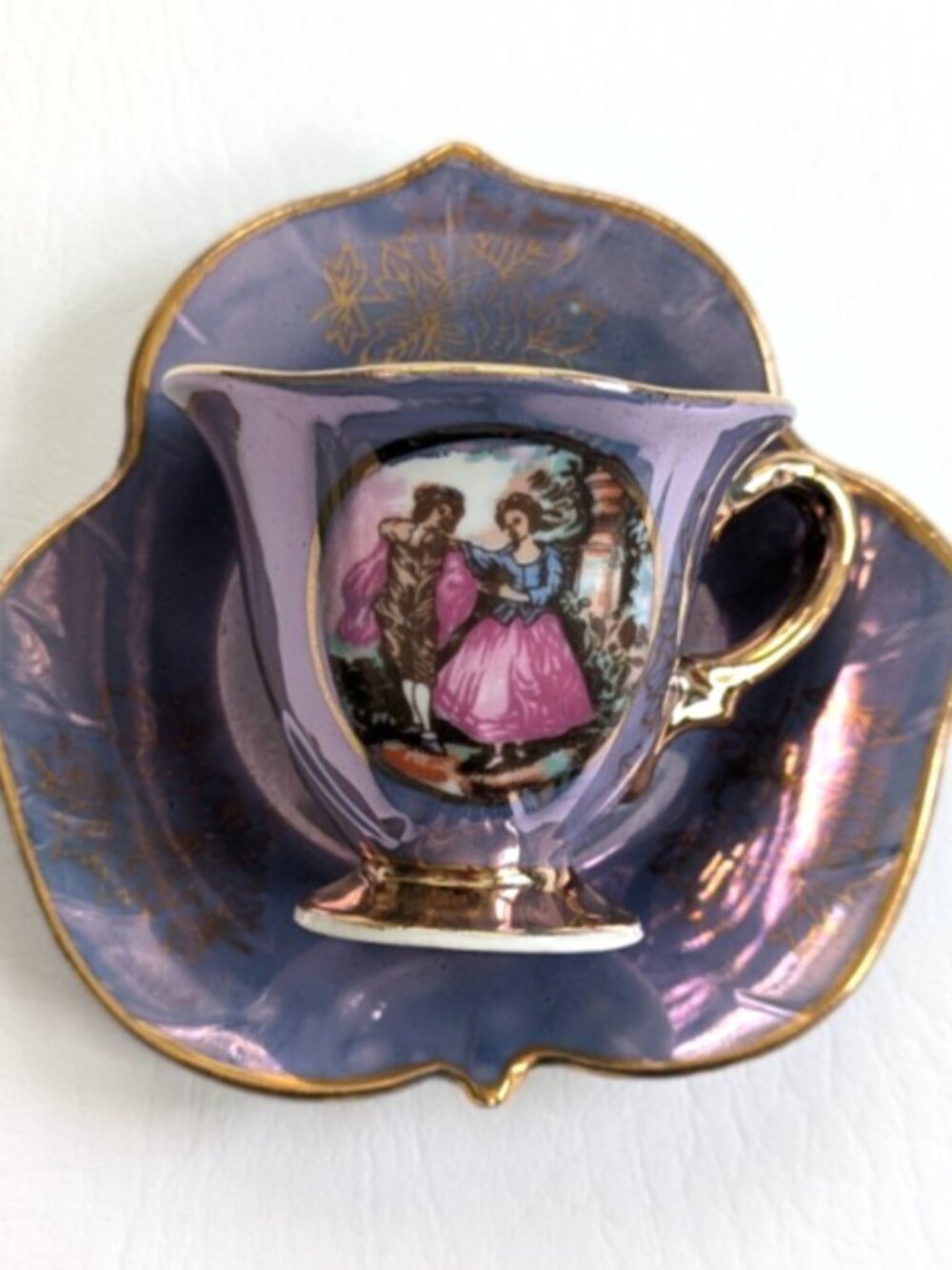Vintage Royal Crown Porcelain Teacup & Saucer Courting Couple Purple Iridescent